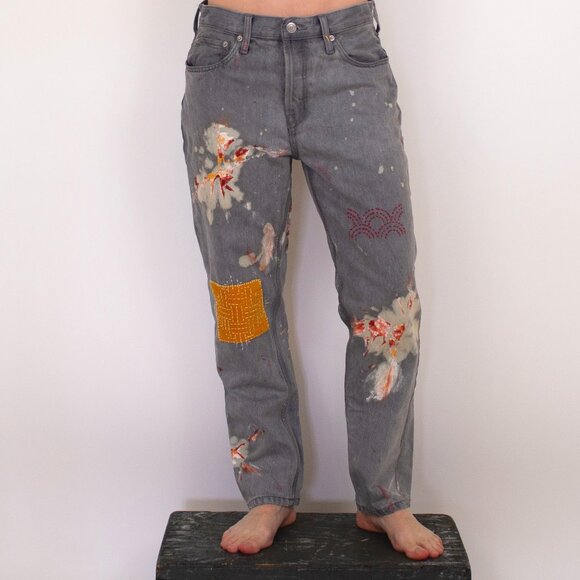 CUSTOM hand bleached, dyed and embroidered jeans - Picture 1 of 9